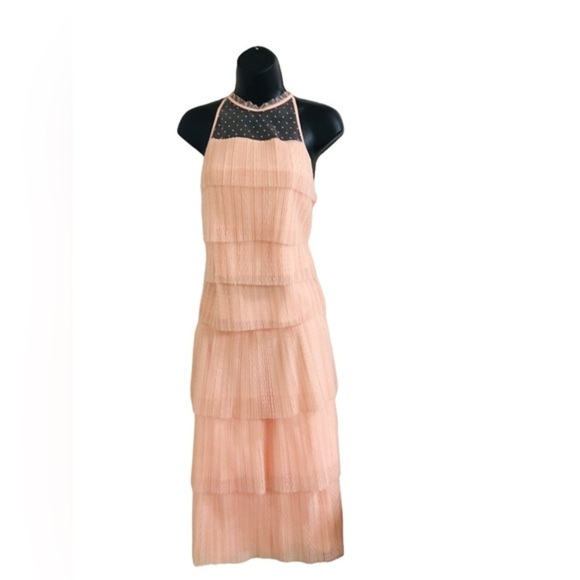 Salmon peach dotted tiered tulle chiffon look halter & skirt set size medium new - Picture 1 of 16